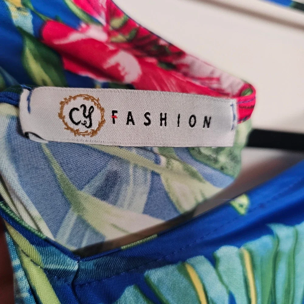 CY Fashion Tropical Floral Maxi Dress Blue Pink Palm Leaf V-Neck Medium MD5378